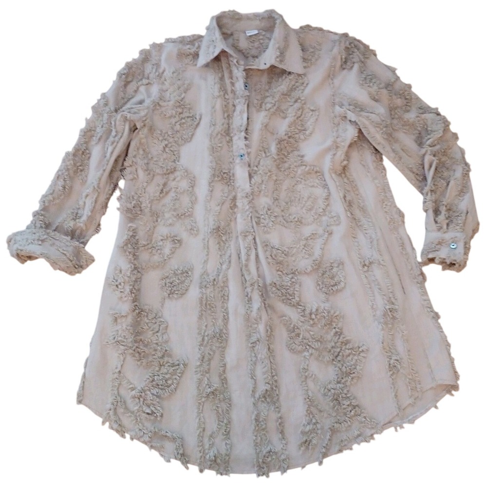 Womens Tan Textured Fringed Embroidery Pullover Longline Shacket DressSize S - Picture 9 of 16